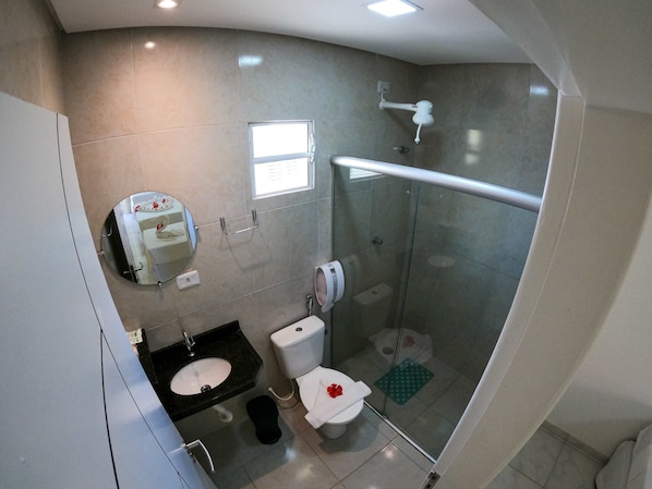 A modern bathroom with a glass-enclosed shower, a toilet, a sink, and a mirror.