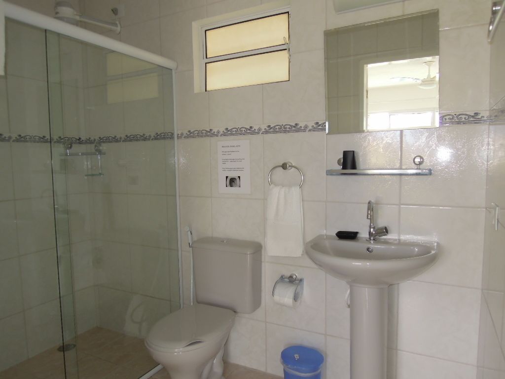 A bathroom with a glass shower enclosure, a toilet, a sink, and a mirror.