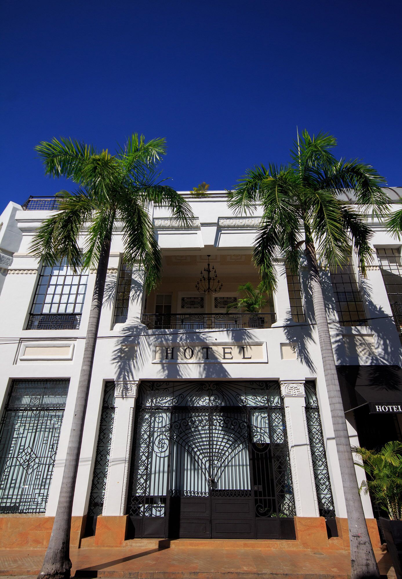 A hotel with a classic facade, a central entrance with a decorative gate, and palm trees framing the entrance.