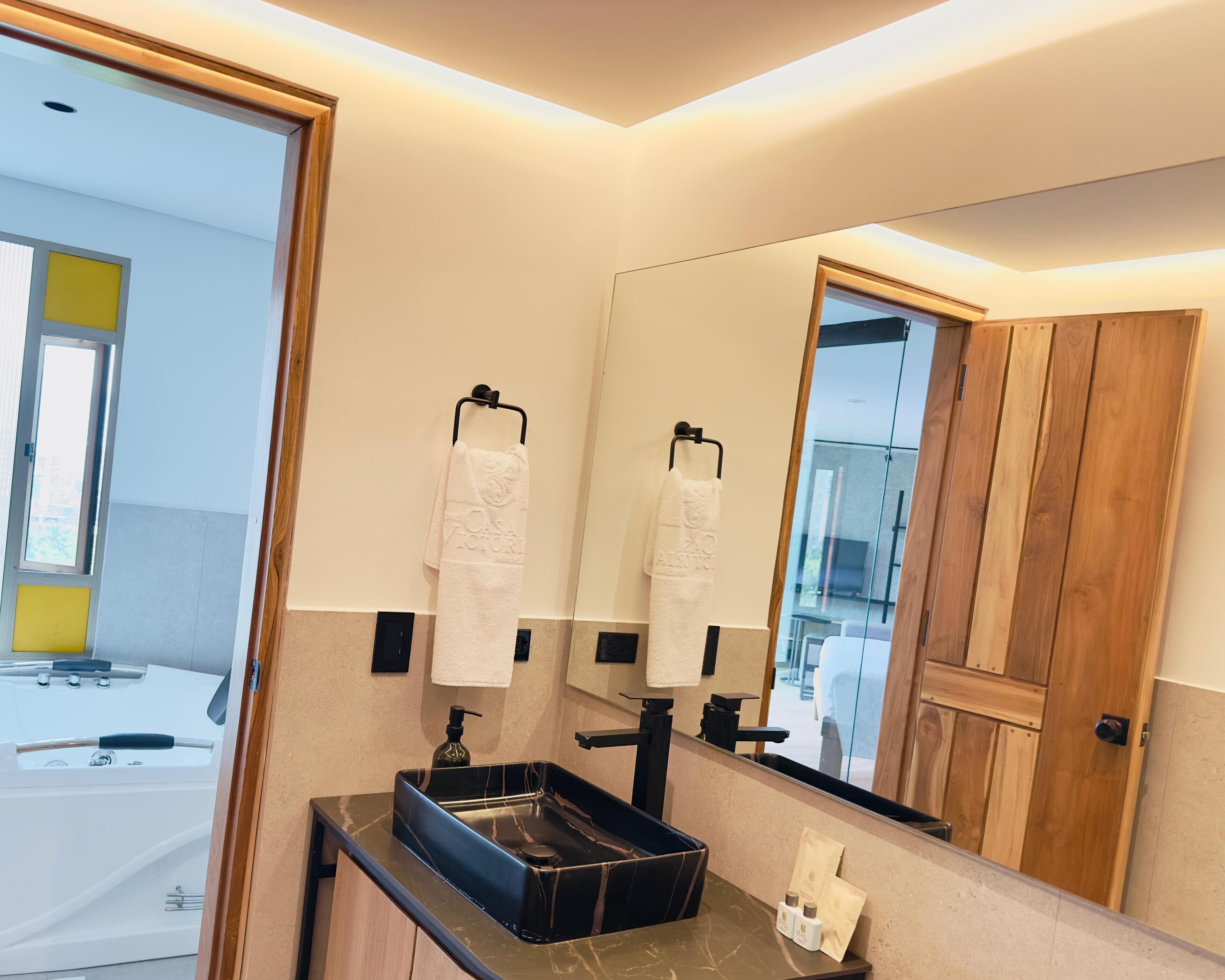 hair dryer, bidet, towels