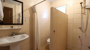 Une salle de bain équipée d’un lavabo, d’un miroir, d’une douche et de toilettes.