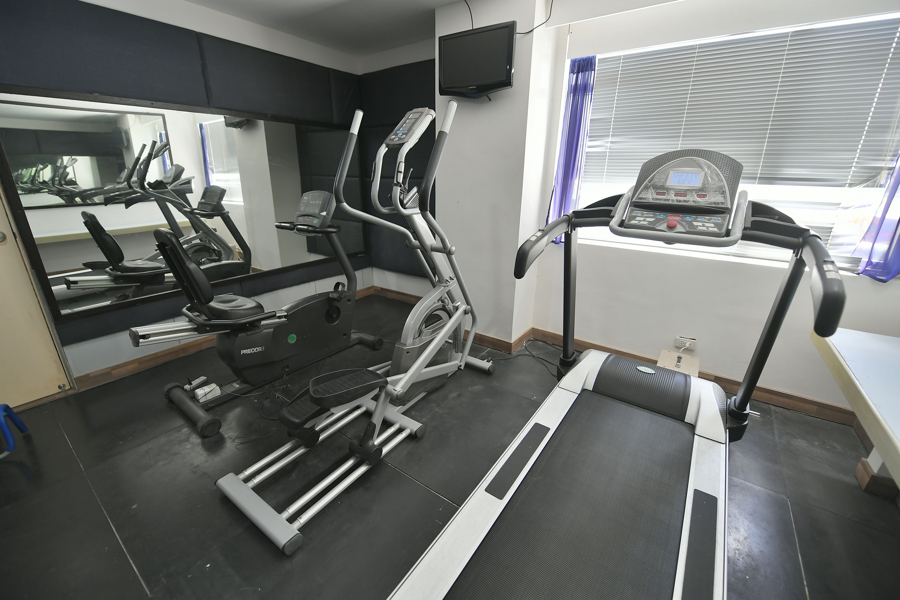 A gym with a treadmill, elliptical, and weights.
