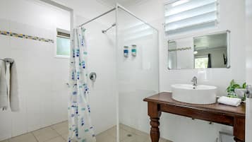 A bathroom with a glass shower enclosure, a white sink with a wooden vanity, and a mirror above the sink.