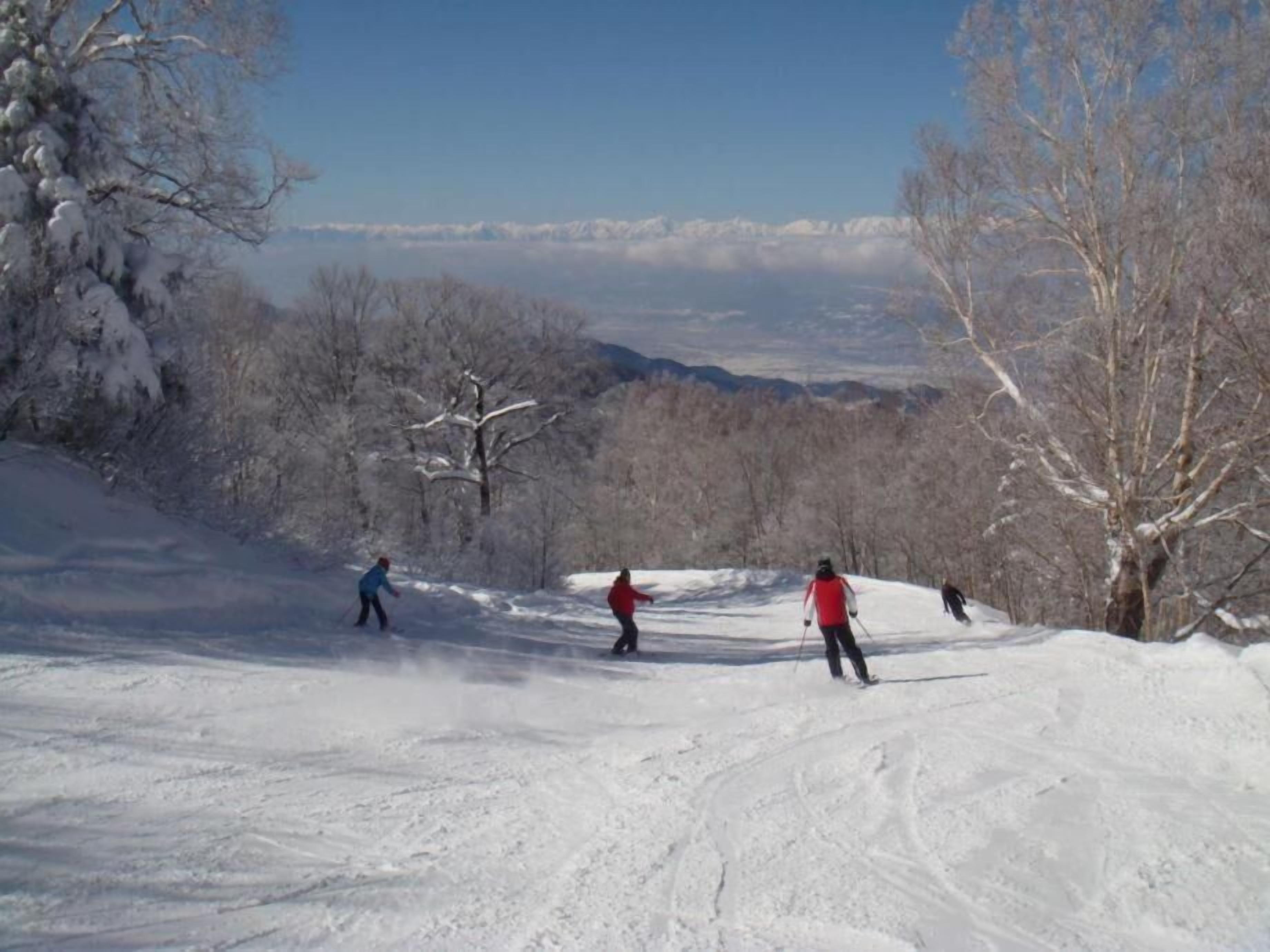 Un paysage enneigé avec trois skieurs sur une pente.