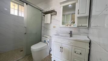 A bathroom with a toilet, a sink with a mirror above it, and a shower area.