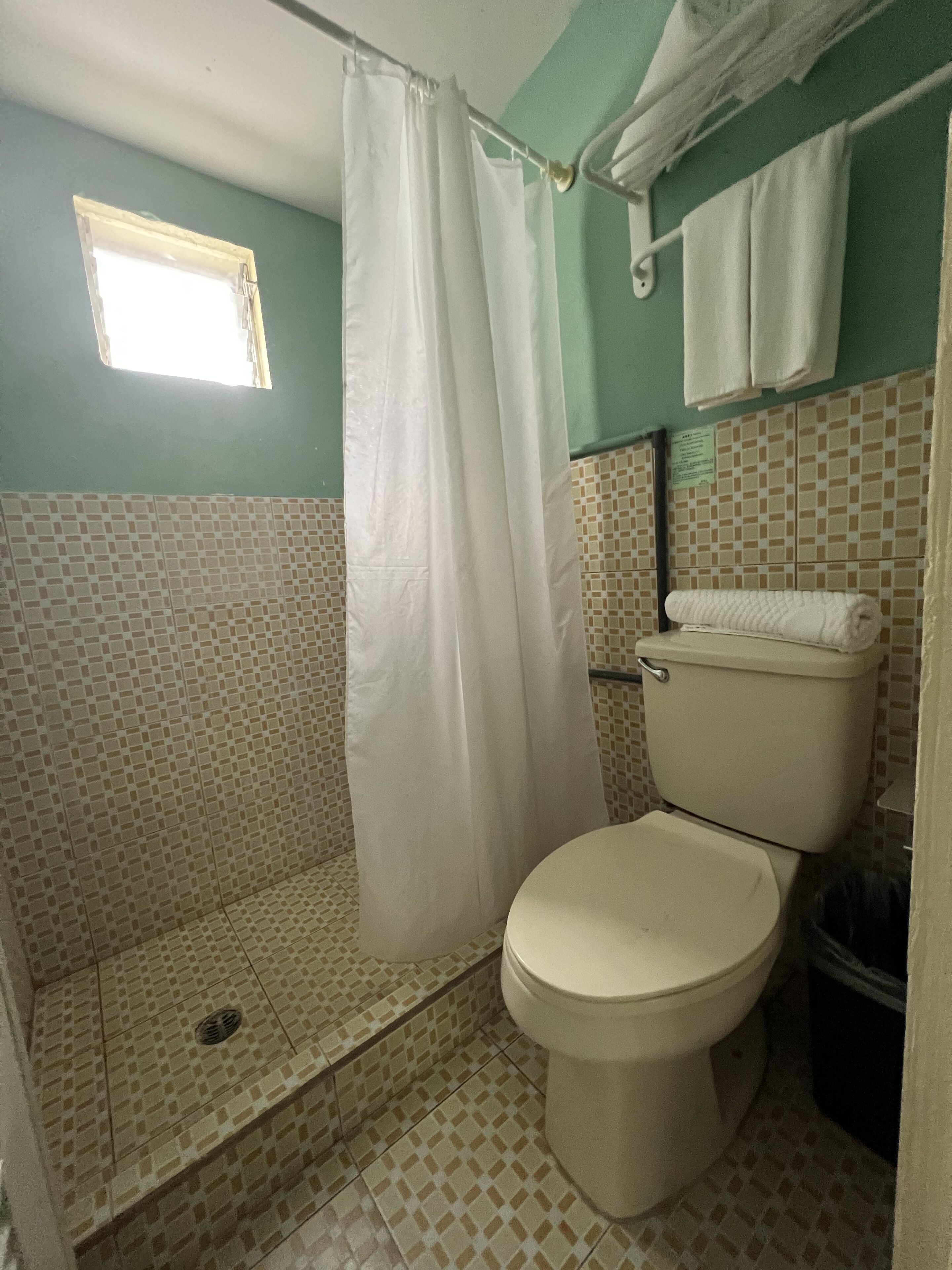 A bathroom with a shower, toilet, and tiled walls.