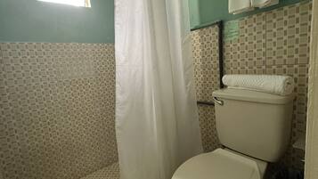 A bathroom with a shower, toilet, and tiled walls.