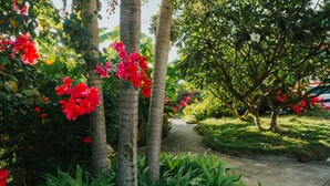 A pathway surrounded by lush greenery and flowering plants. - Beach Garden Hotel (Saipan)