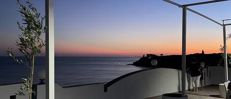 An outdoor patio with a table and chairs, a potted plant, and a view of the sea at sunset.