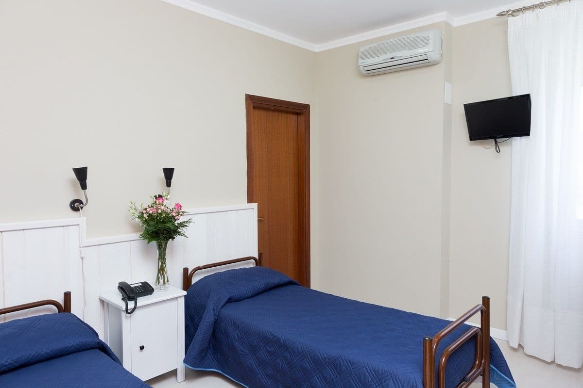 A bedroom with two beds, a bedside table with a phone, a vase with flowers, and a TV on the wall.