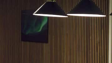 Ett biljardbord med ett set bollar och en köboll, ett poolbord och två hängande lampor.