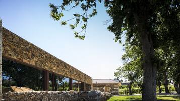 Un bâtiment en pierre doté d’un espace extérieur couvert et d’un grand arbre au premier plan.