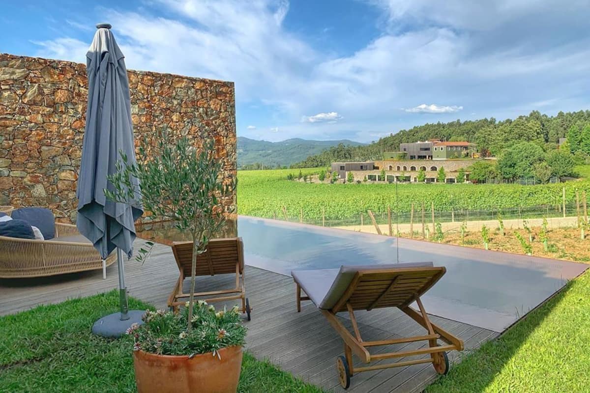 A poolside area with lounge chairs, a potted plant, and a stone wall.
