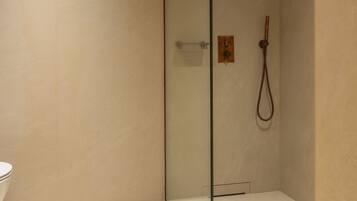 A modern bathroom with a glass-enclosed shower, a toilet, and a towel on the floor.