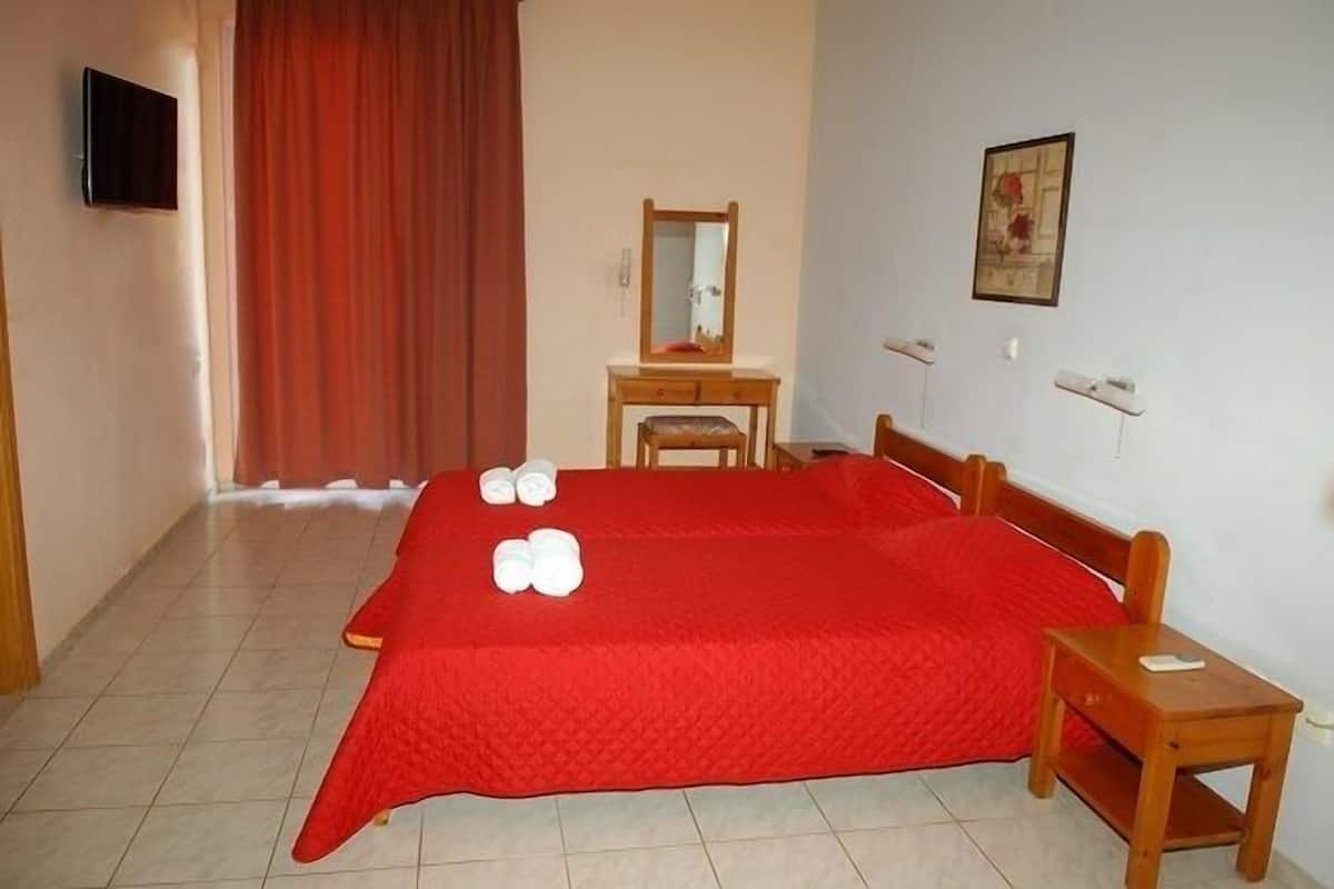 Une chambre d’hôtel comprenant un lit, une table de chevet en bois, une chaise, un bureau, un miroir et un téléviseur.
