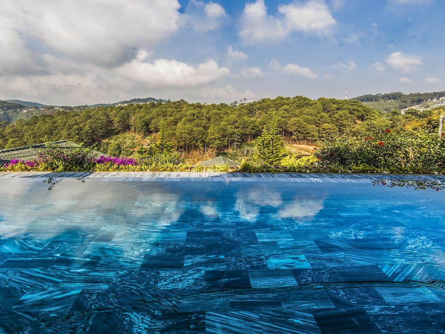 Outdoor pool, pool umbrellas, sun loungers