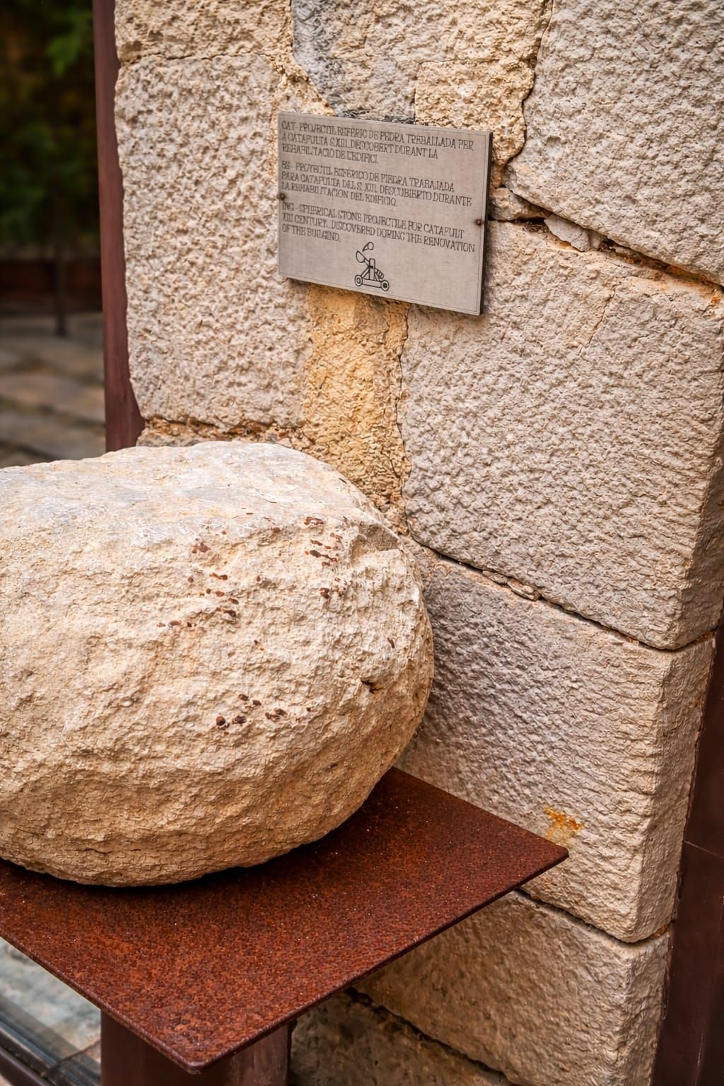 A stone wall with a plaque and a large stone slab.