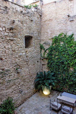 A stone courtyard with a table and chairs, a potted plant, and a wall covered in ivy. - AS Palau dels Alemanys (Girona)