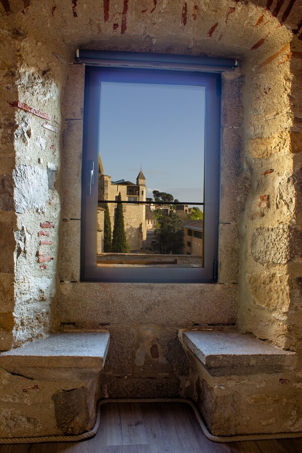 A stone-walled room with a window overlooking a historic building. - AS Palau dels Alemanys (Girona)