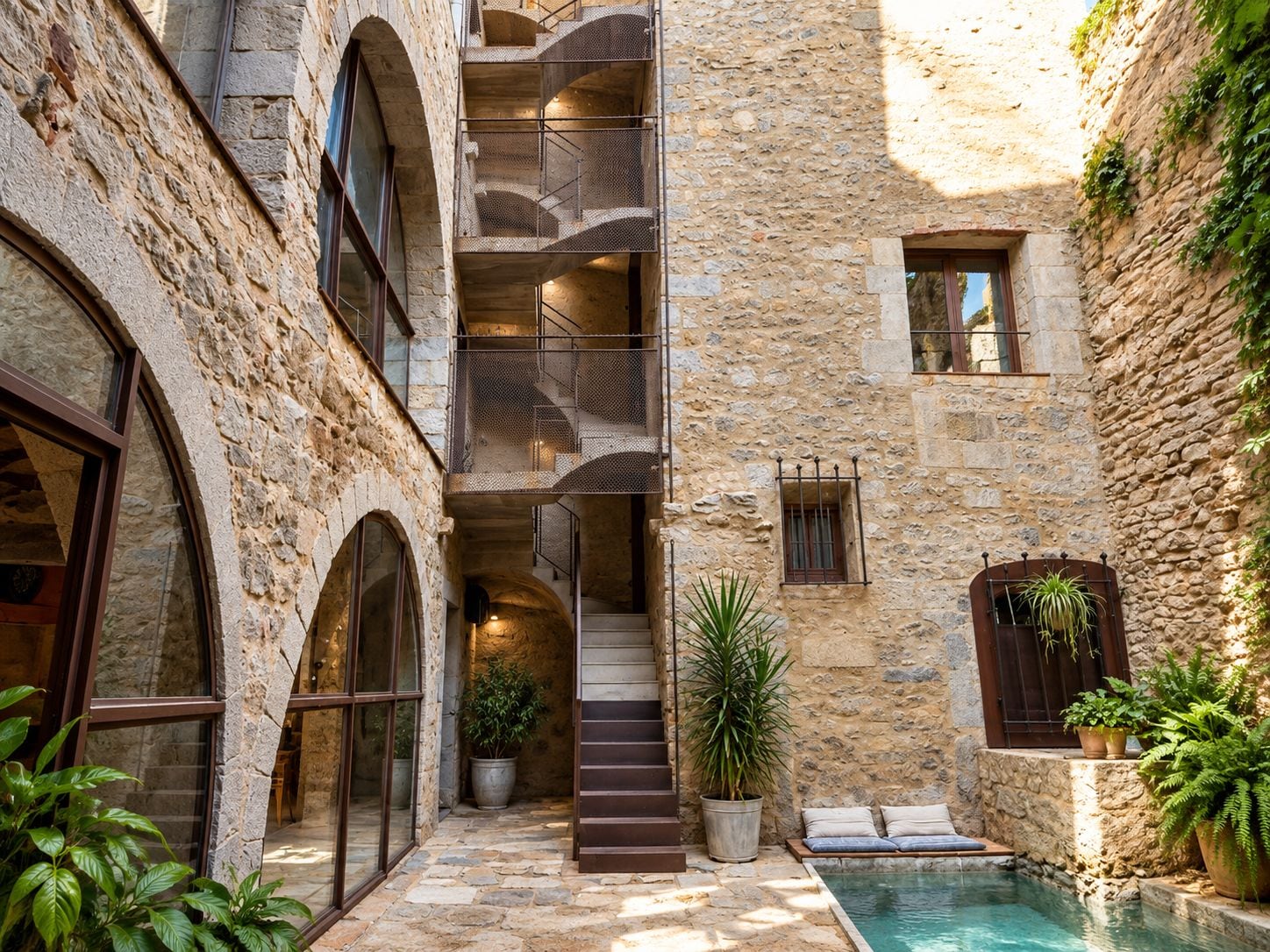 Un edificio de piedra con una escalera central, una piscina pequeña y plantas en macetas.