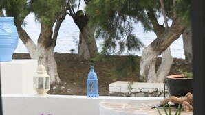 A terrace with potted plants, a white table, and a view of a tree-lined area. - Maganas Hotel (Astypalaia)