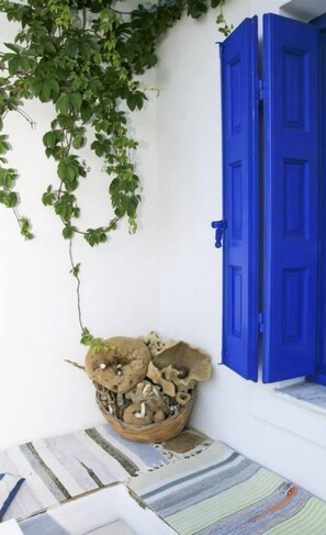 A white wall with a blue door, a basket of mushrooms, and a green vine.