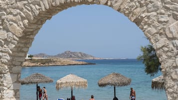 On the beach, sun loungers, beach umbrellas