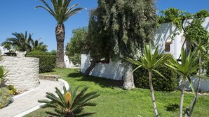 A well-maintained garden with palm trees, a stone pathway, and a white building with a window. - Contaratos Beach (Paros)