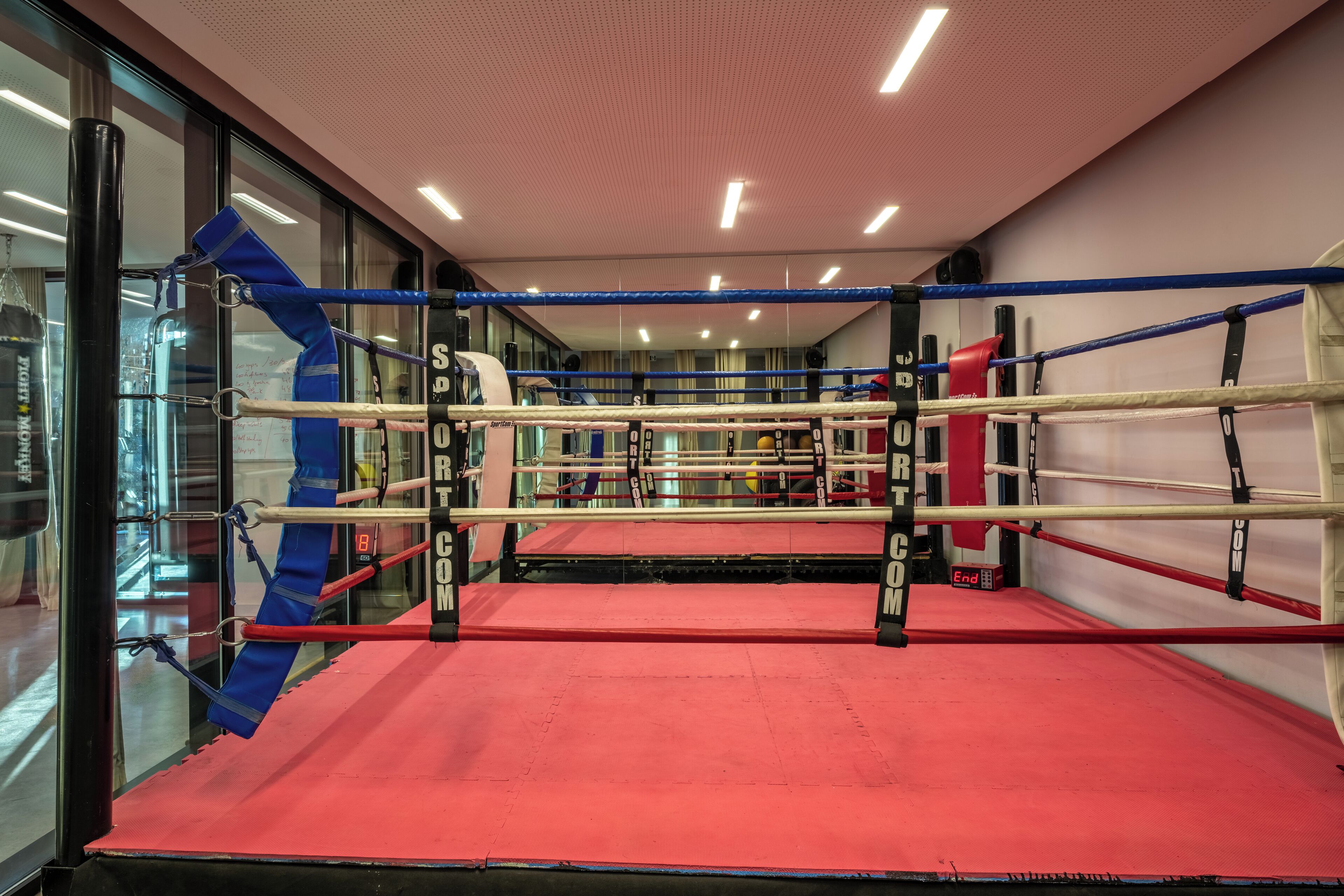 A boxing ring with ropes, corner pads, and a red mat.