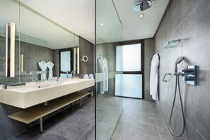 Designer toiletries, hair dryer, bathrobes, bidet