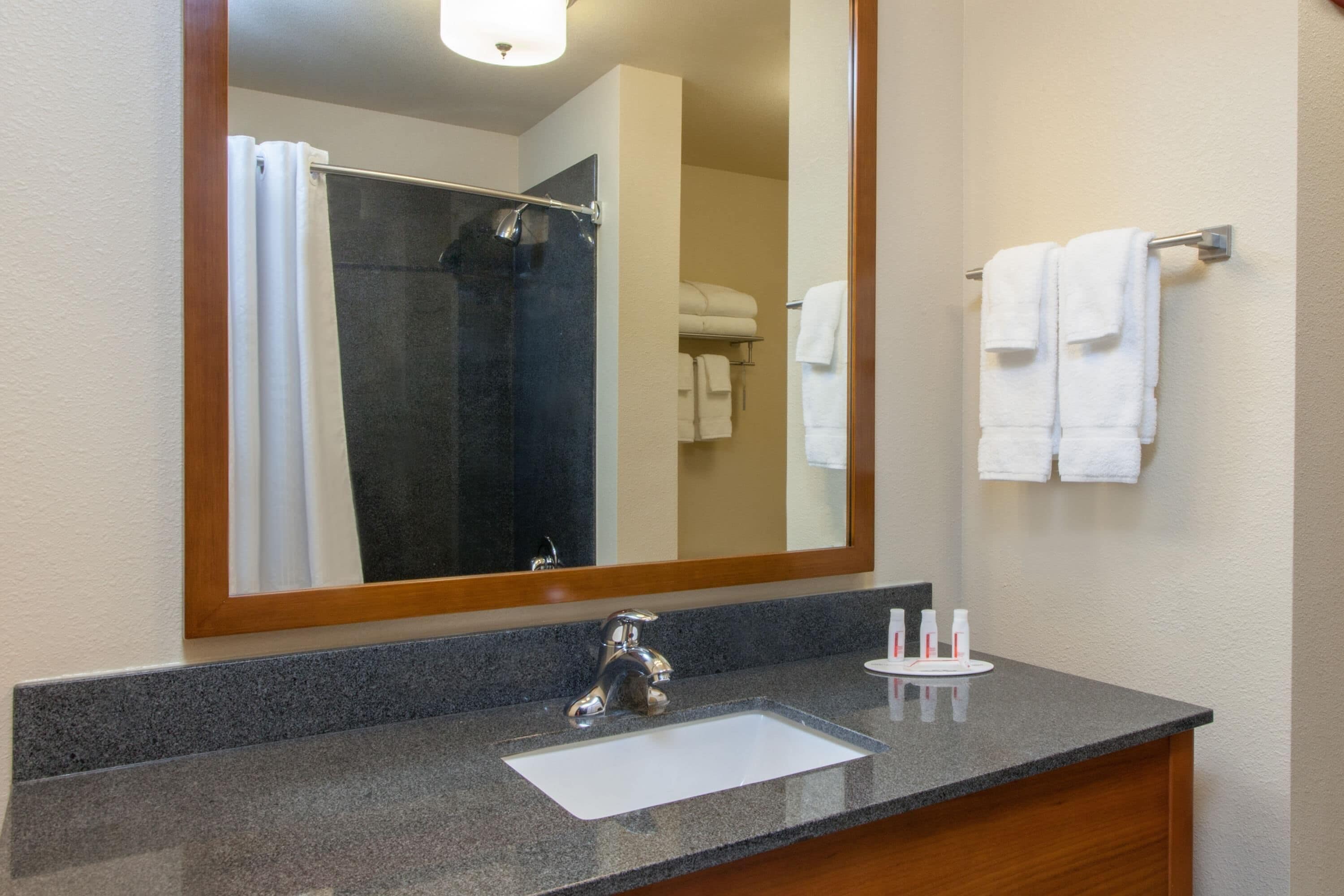 Une salle de bain avec un grand miroir, un lavabo et une douche.