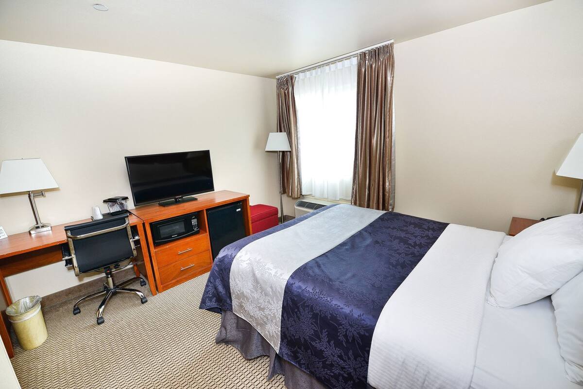 A hotel room with a bed, desk, television, and a window with curtains.