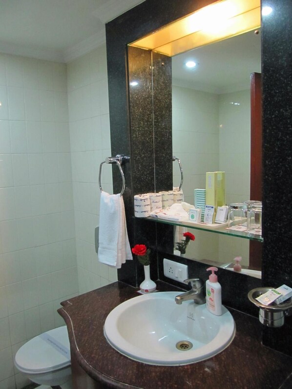 A bathroom with a white sink, a mirror, and toiletries on a shelf.