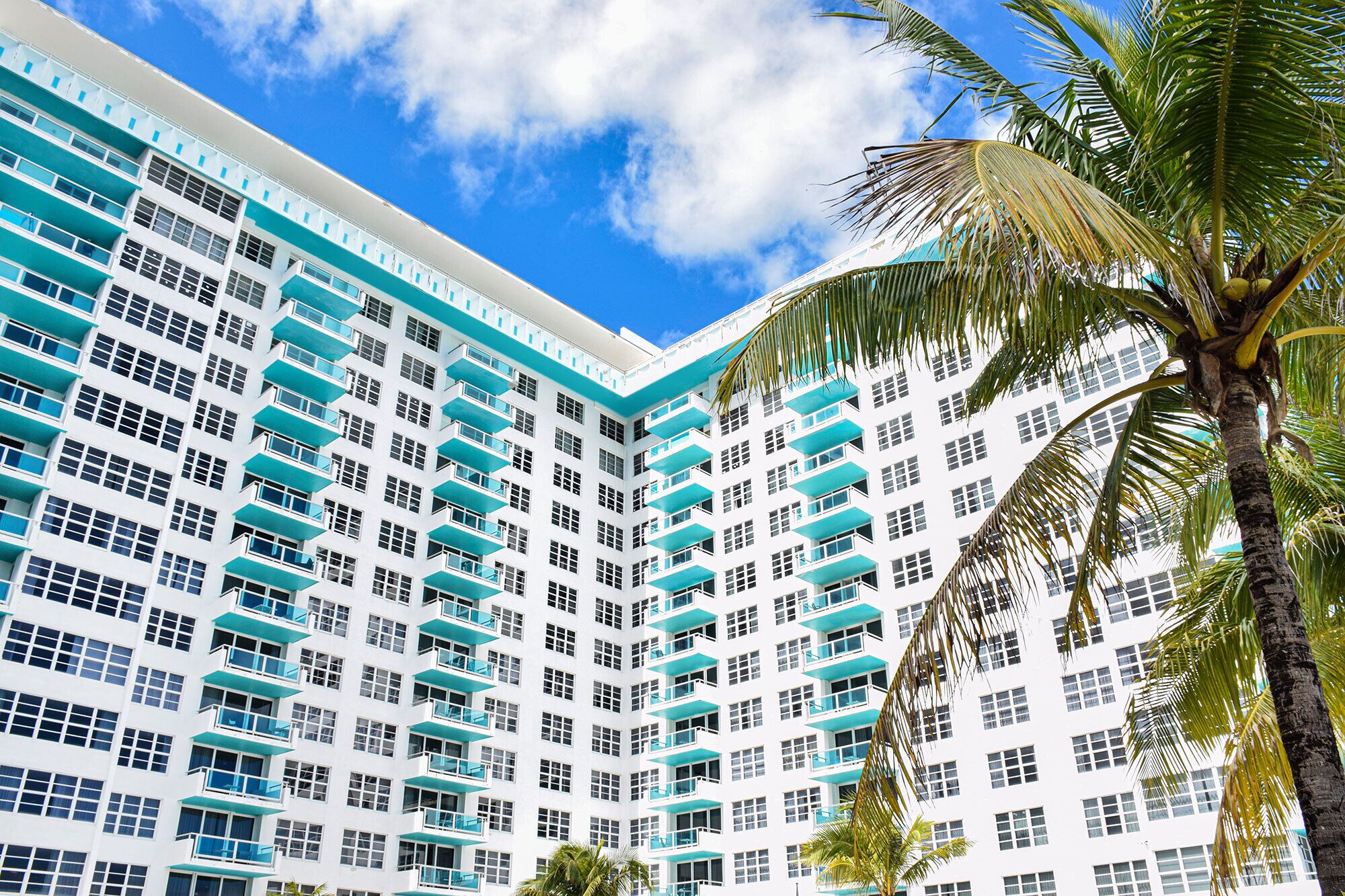 Um hotel moderno com muitos andares, com um padrão repetitivo de varandas e janelas, rodeado por palmeiras e um céu azul límpido.