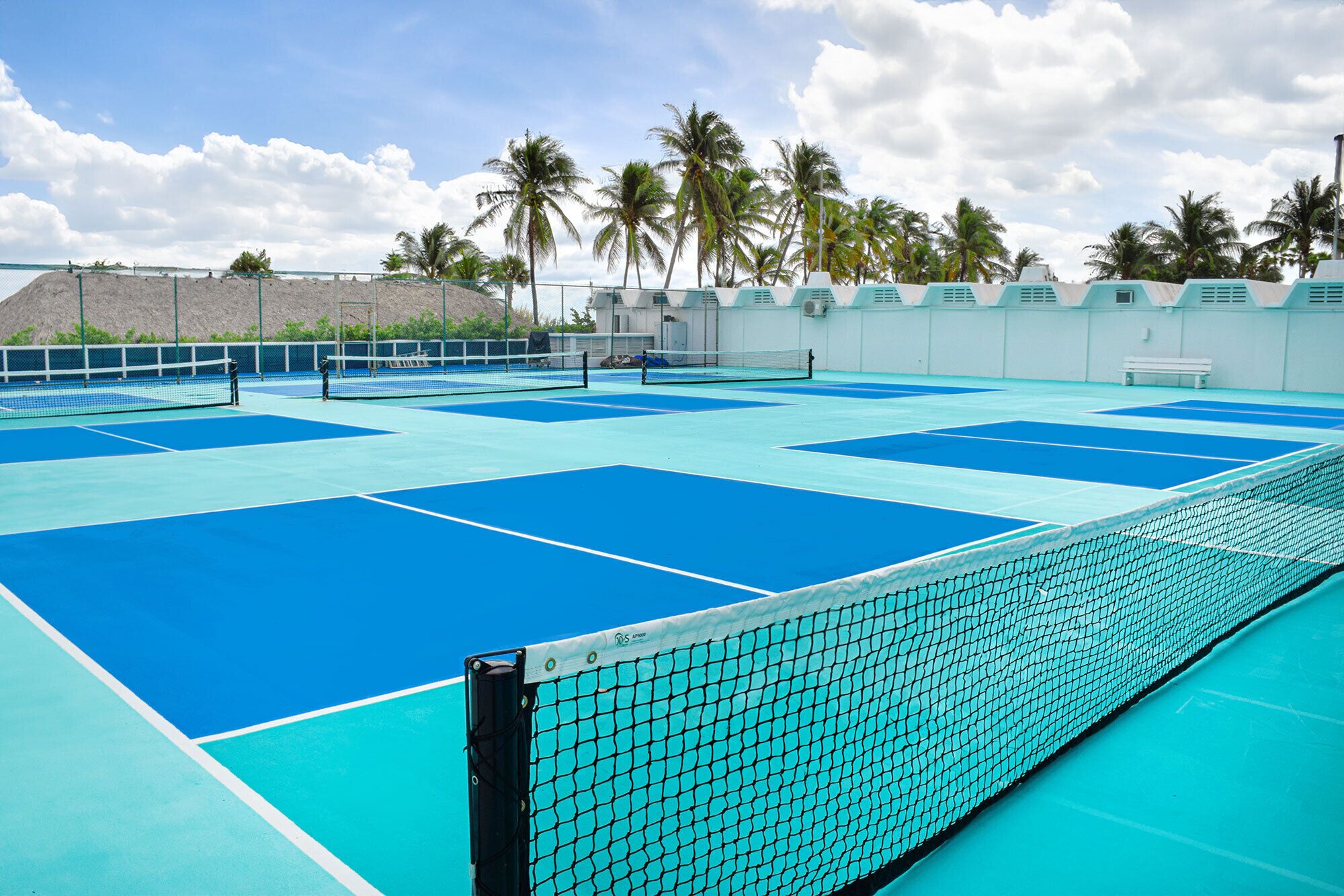 An indoor tennis court with a net, surrounded by a fence and palm trees.