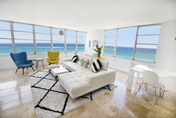 Deluxe Suite, 2 Bedrooms, Ocean View, Corner | Living room | 45-inch LCD TV with cable channels, TV, toys