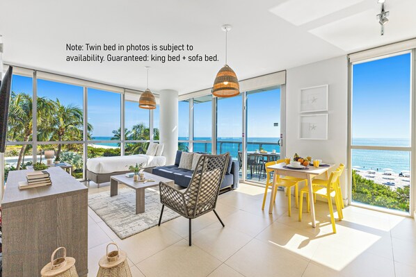 Superior Apartment, 1 Bedroom, Balcony, Oceanfront | Living area | 50-inch Smart TV with digital channels, streaming services