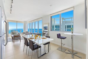 Deluxe Apartment, 1 Bedroom, Ocean View, Corner | Living area | 50-inch Smart TV with digital channels, streaming services - Dharma Home Suites Miami at Monte Carlo (Miami Beach)