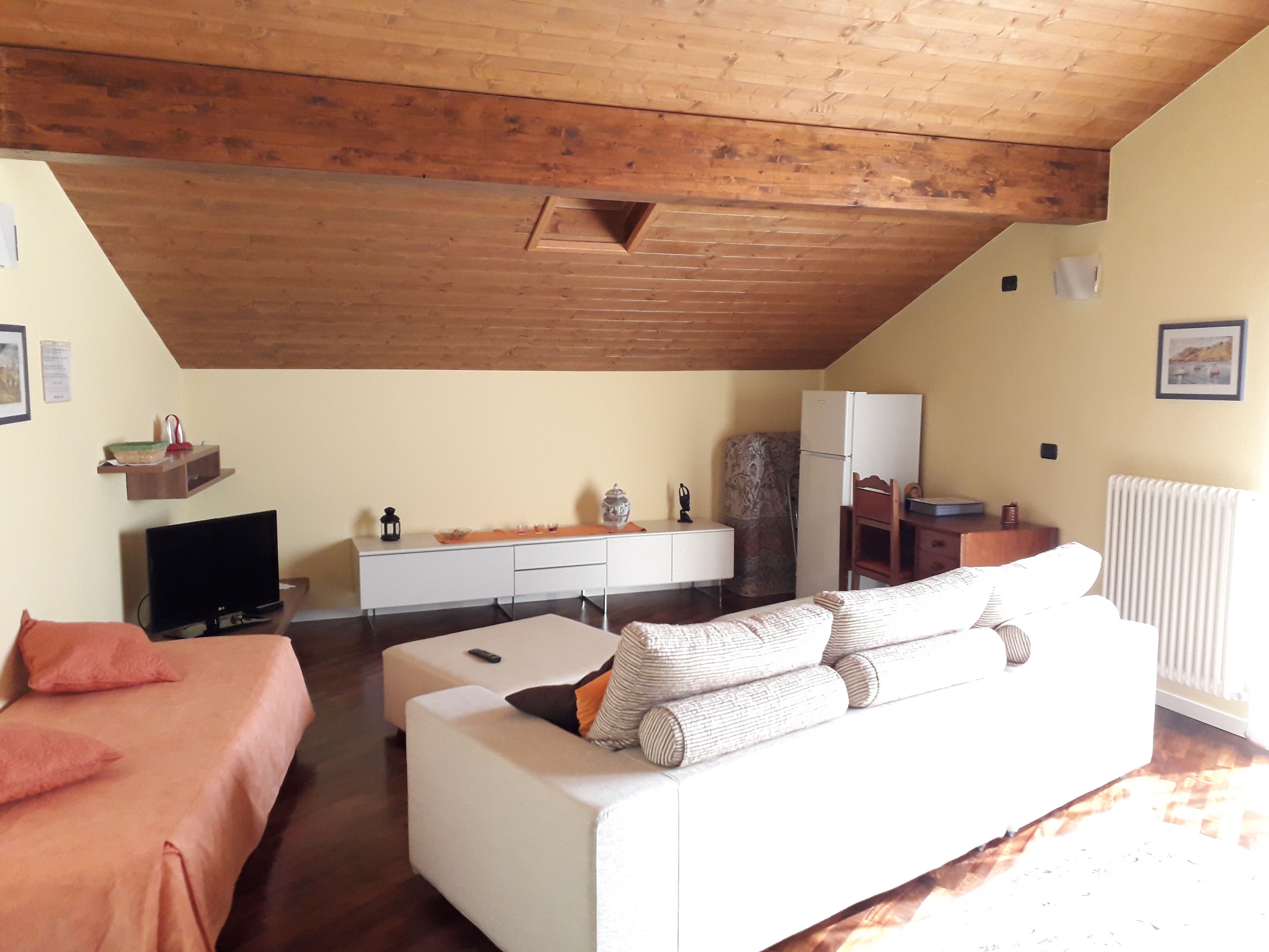 Een gezellige woonkamer met een hoog houten plafond, een witte bank, een televisie en een kleine tafel.