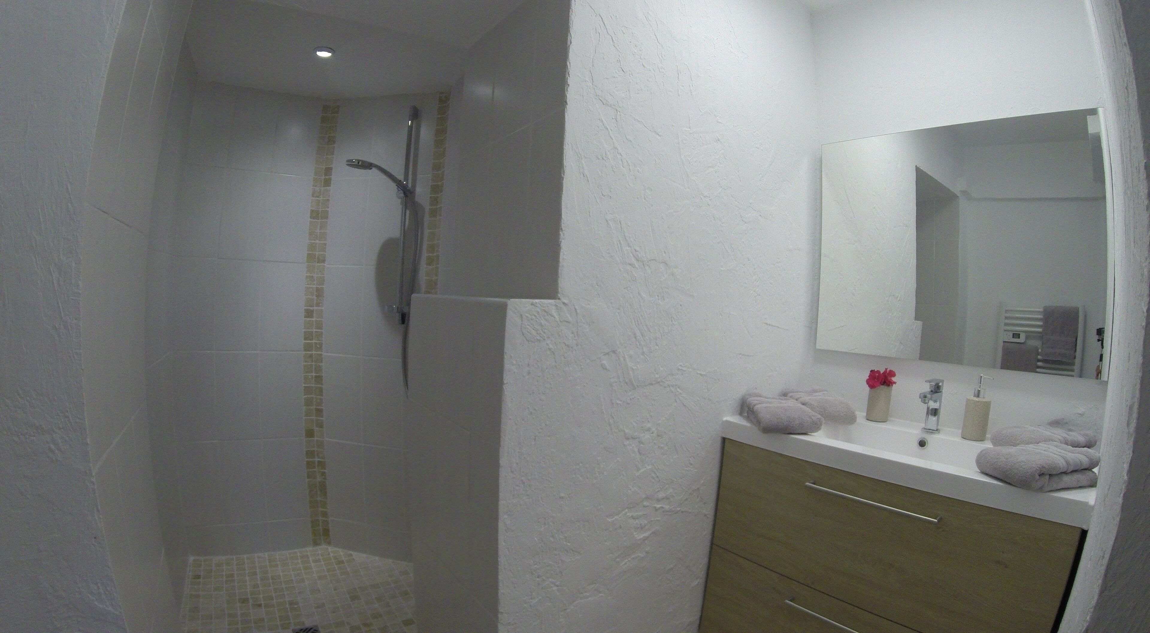 A bathroom with a shower, a sink with a mirror, and a towel rack.