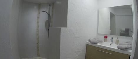 Un baño con ducha, lavamanos con espejo y un perchero para toallas.