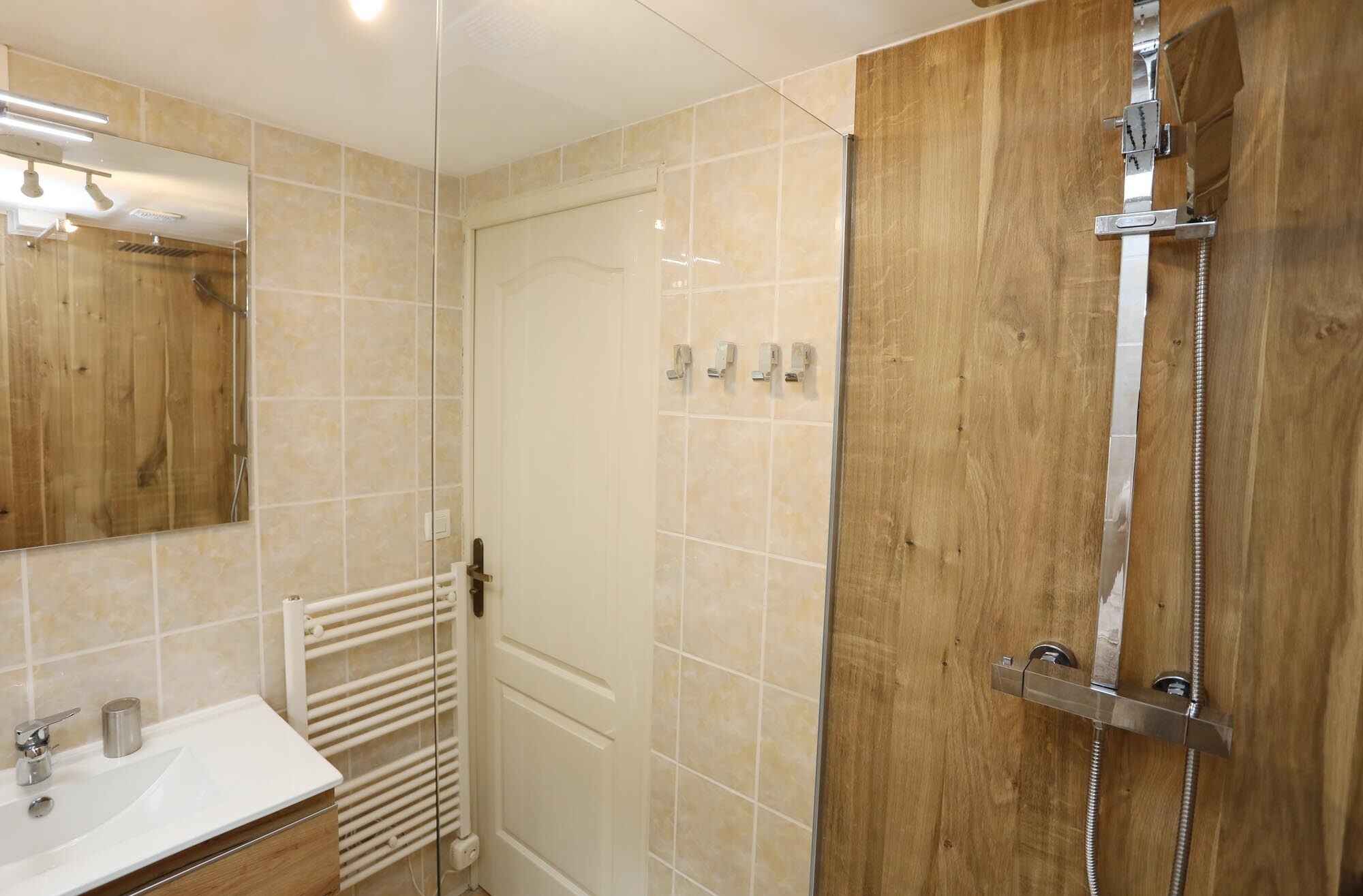 A bathroom with a wooden door, a glass shower enclosure, a white sink, and a towel rack.