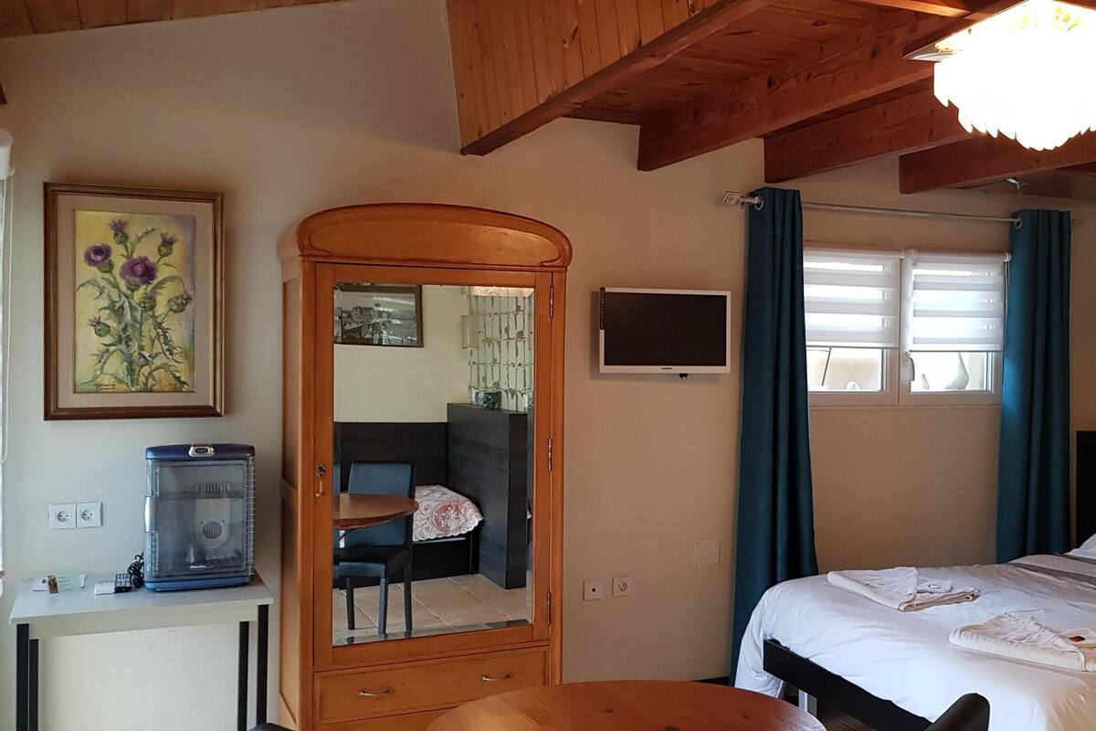 A bedroom with a bed, a desk with a computer, a mirror, a TV, and a window with curtains.