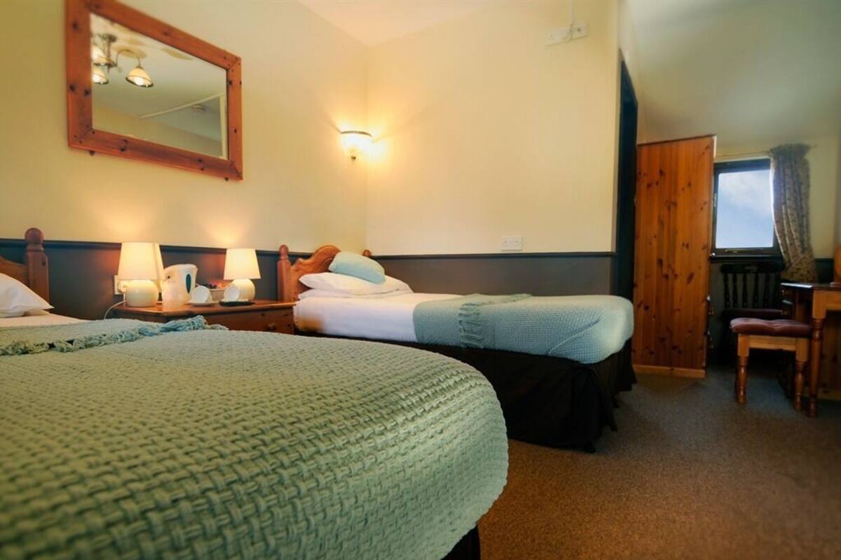 A hotel room with two beds, a wooden headboard, a nightstand with lamps, a mirror, and a window with curtains.
