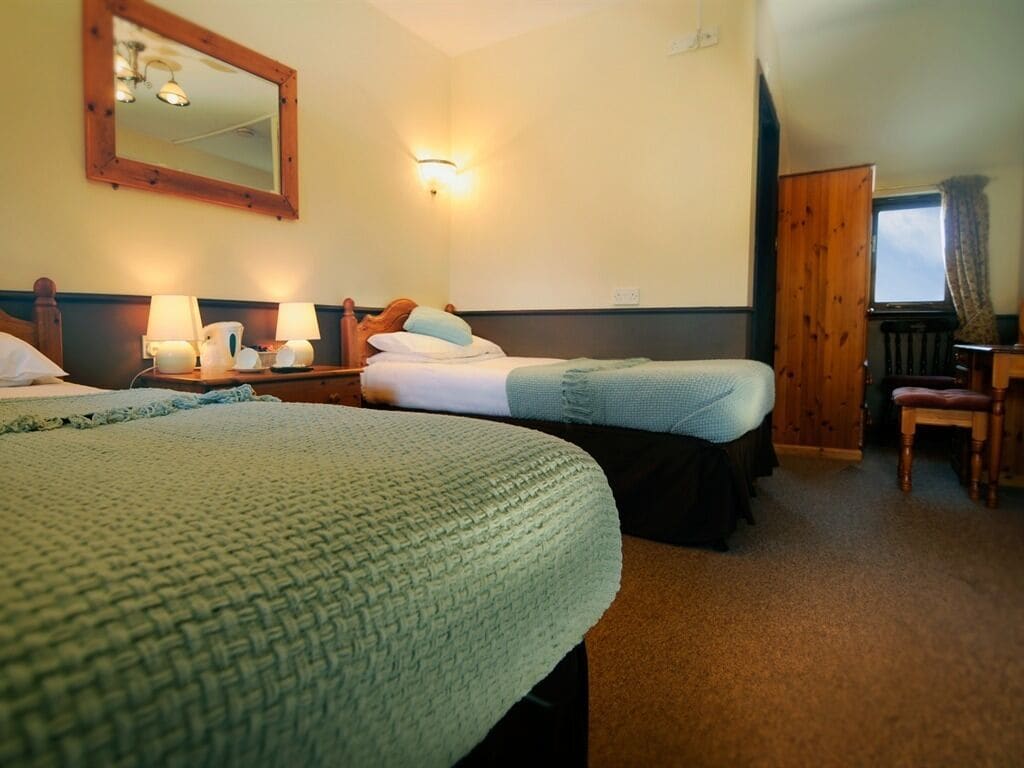Een hotelkamer met twee bedden, een houten hoofdbord, een nachtkastje met lampen, een spiegel en een raam met gordijnen.