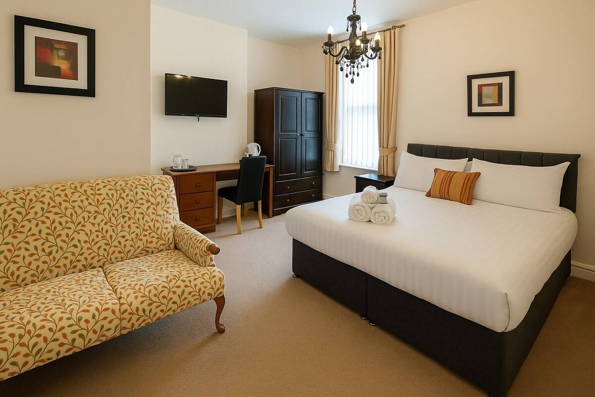 A hotel room with a bed, a desk, a wardrobe, a sofa, and a TV.