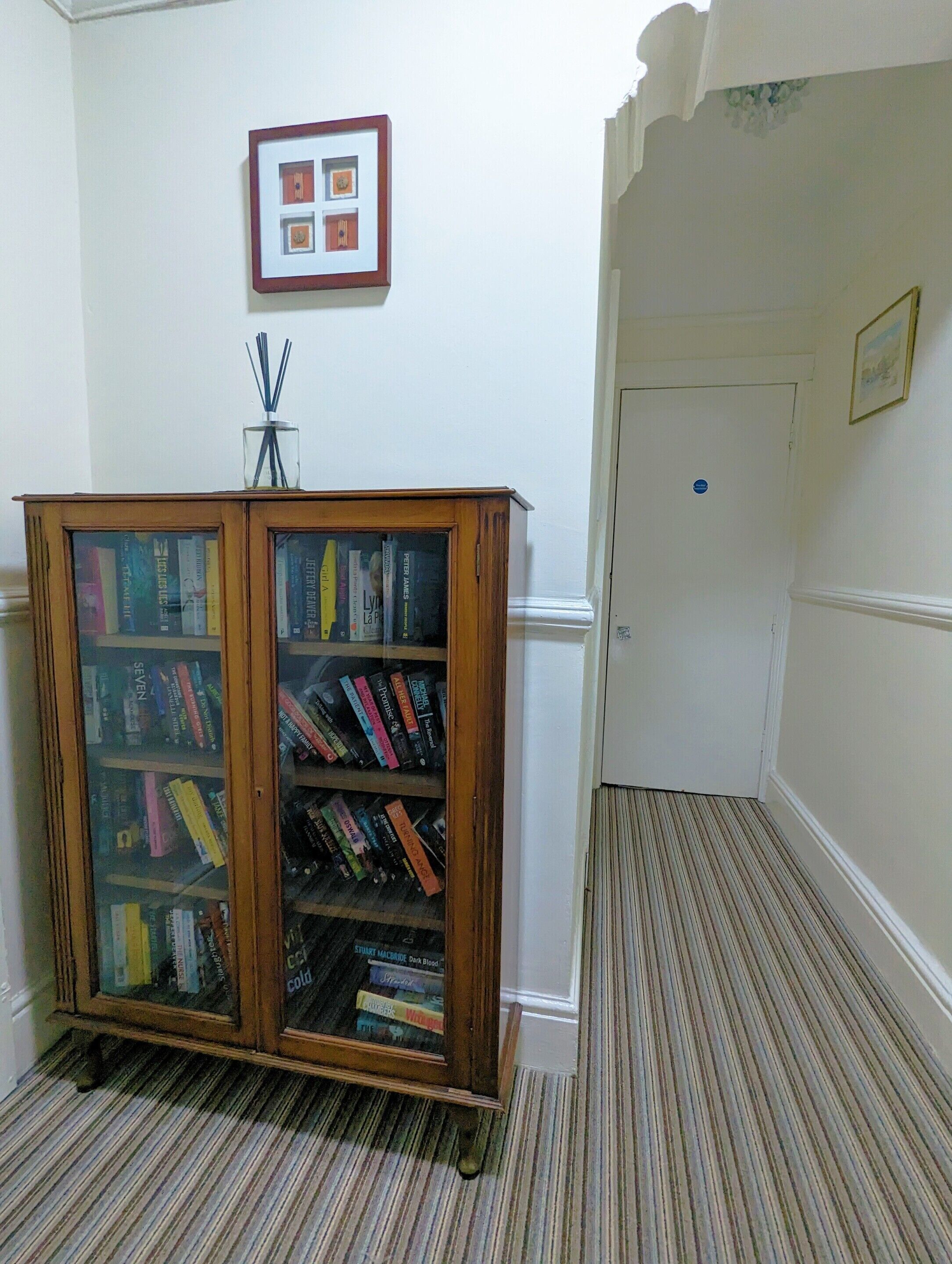 A hallway with a striped carpet, a wooden bookcase with books, a framed picture on the wall, and a door with a sign.
