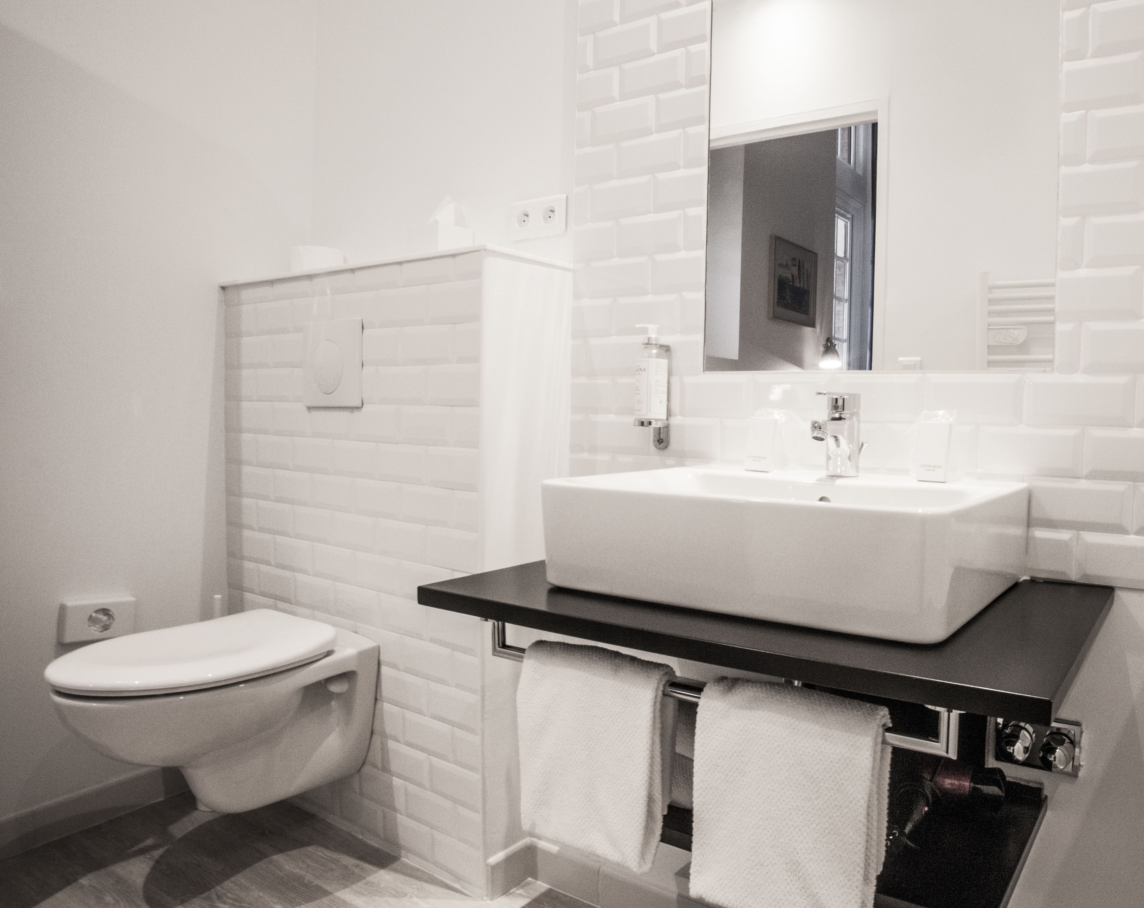 combined shower/bathtub, free toiletries, hair dryer, towels