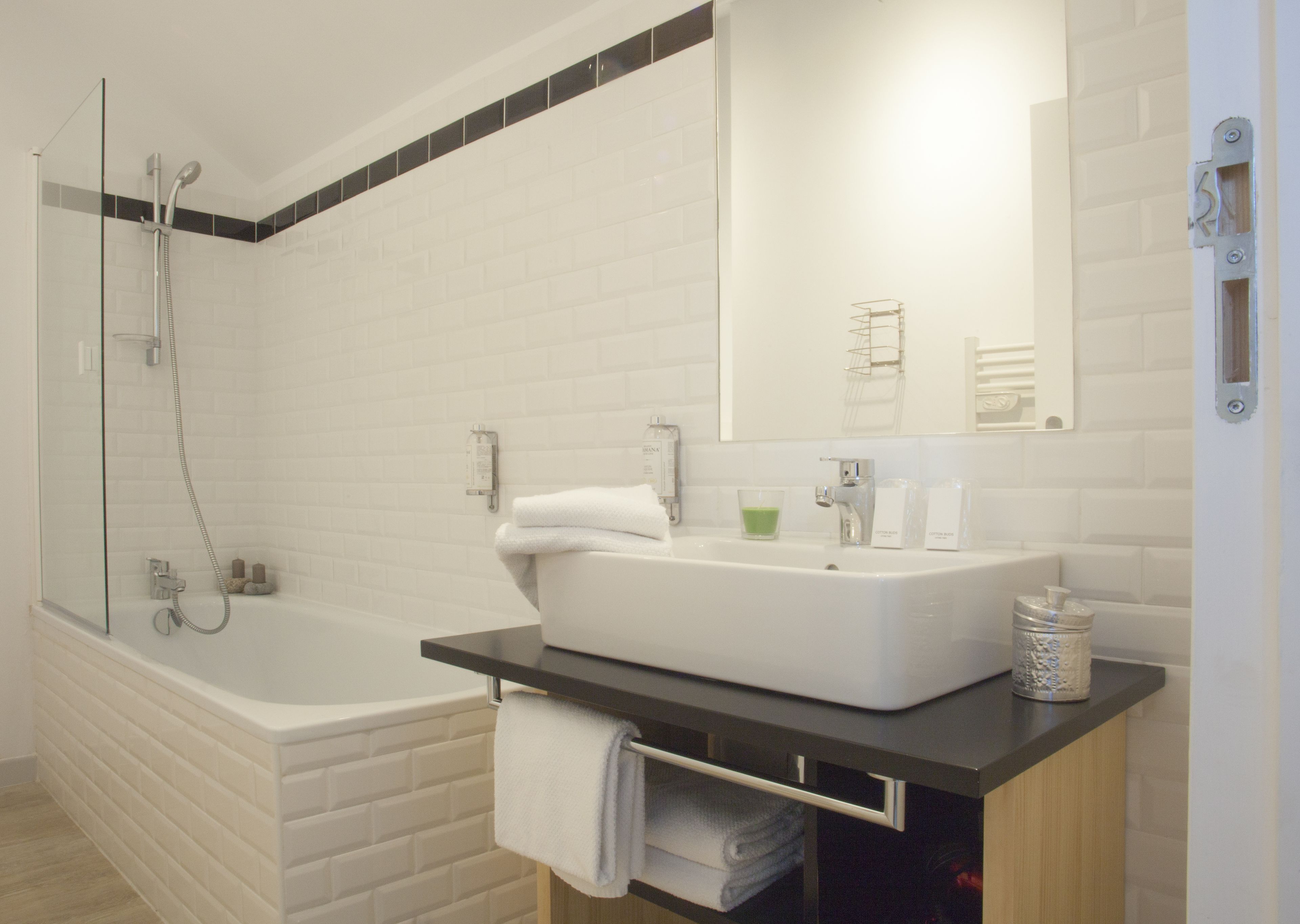 combined shower/bathtub, free toiletries, hair dryer, towels