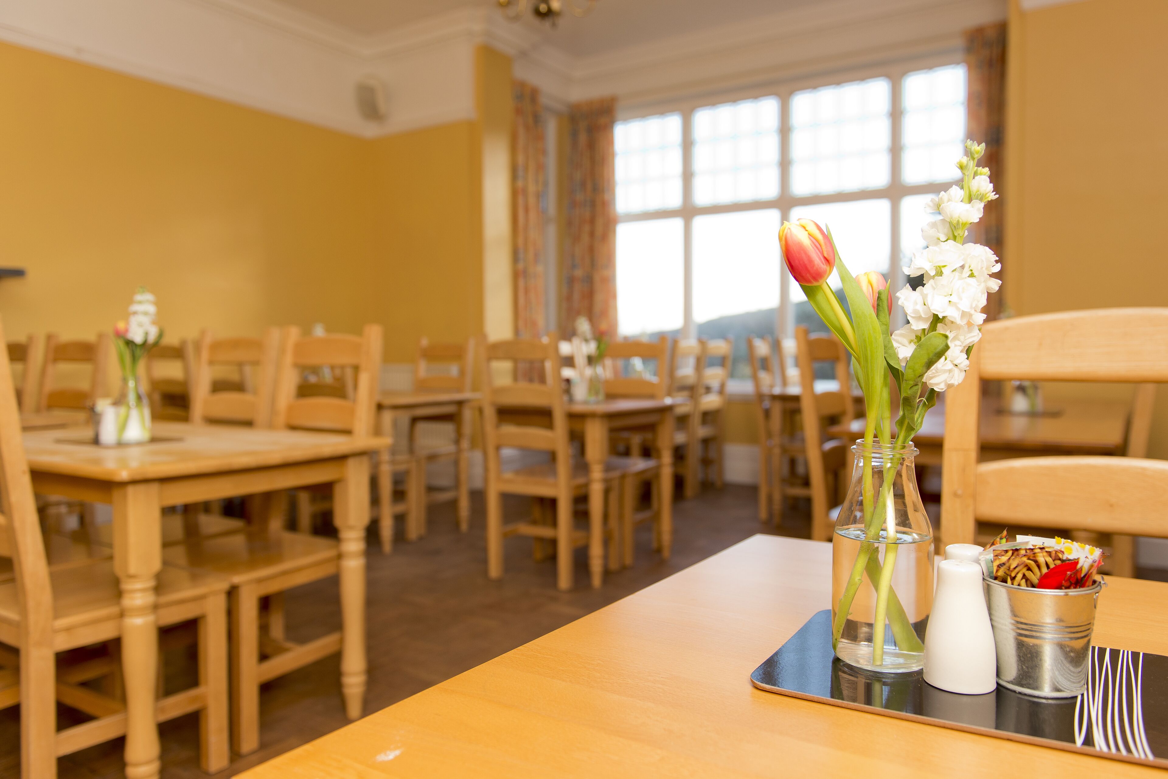 A dining area with wooden tables and chairs, a vase with flowers, and a salt shaker on a tray.